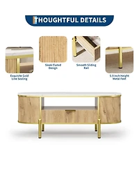 homfan Modern Oval Fluted Coffee Table, Faux Marble Top, 2-Tier Storage Shelf, Drawer, Metal Legs, Elegant Center Table for Living Room, Apartment