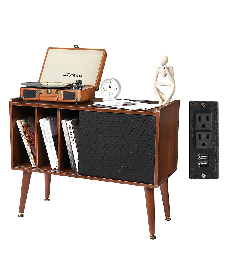 homfan Rustic Wooden Record Player Stand with Sliding Door and Led Light - Turntable Cabinet Table with Power Outlet