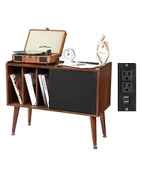 homfan Rustic Wooden Record Player Stand with Sliding Door and Led Light - Turntable Cabinet Table with Power Outlet