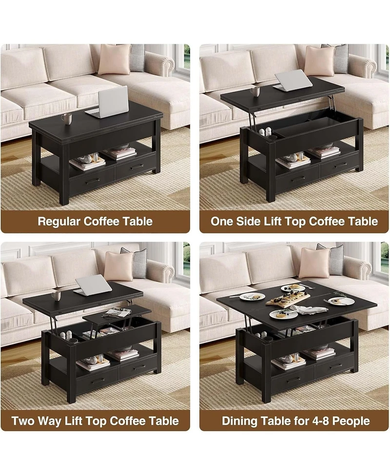 homfan Lift Top Coffee Table with Storage, Split Lift Design, 2 Drawers and Hidden Compartment, Center Table with Adjustable Height Wooden Tabletop