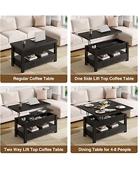 homfan Lift Top Coffee Table with Storage, Split Lift Design, 2 Drawers and Hidden Compartment, Center Table with Adjustable Height Wooden Tabletop