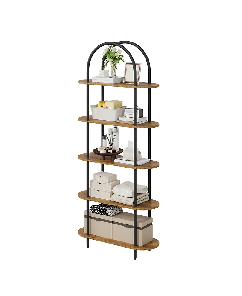 homfan 71" Tall 5-Tier Arched Bookshelf Metal Frame Open Storage Rack with Anti-Tipping Straps and Adjustable Feet for Bedroom Living Room Office