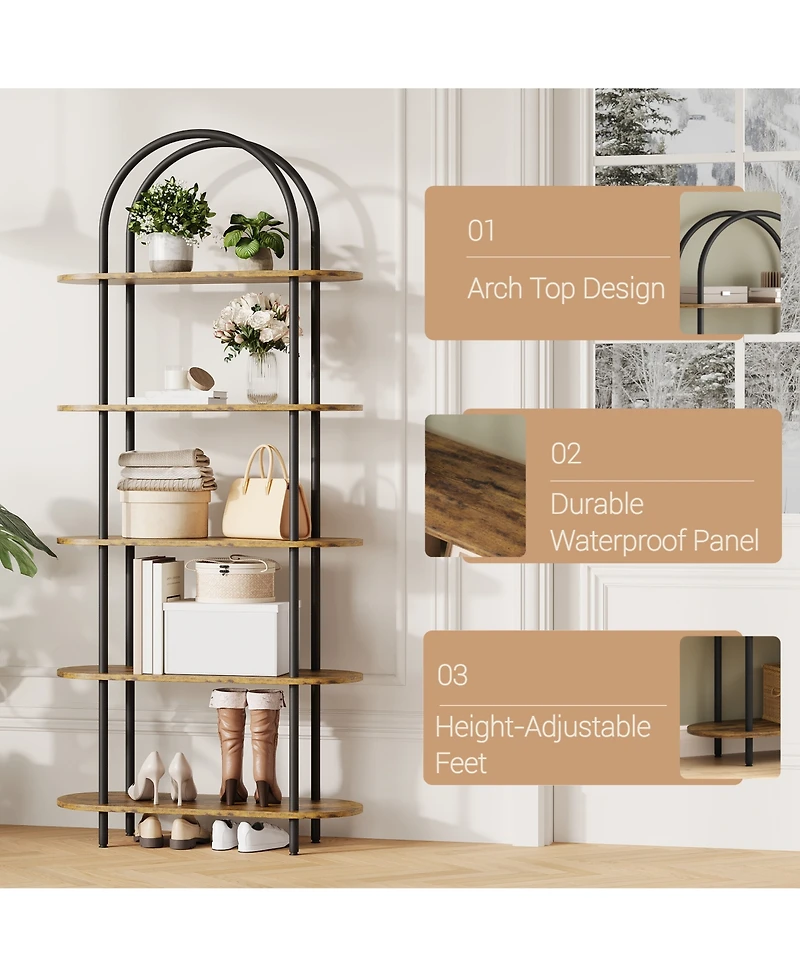 homfan 71" Tall 5-Tier Arched Bookshelf Metal Frame Open Storage Rack with Anti-Tipping Straps and Adjustable Feet for Bedroom Living Room Office