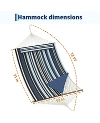 GarveeLife Double Outdoor Hammock Quilted Hammock with Spreader Bar and Removable Pillow Adjustable Steel Frame Cotton Rope and Polyester Pad