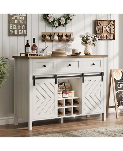 homfan Rustic Sideboard Cabinet Sliding Barn Door, 3 Drawers, Wine Rack and Adjustable Shelf for Dining Room or Living Room