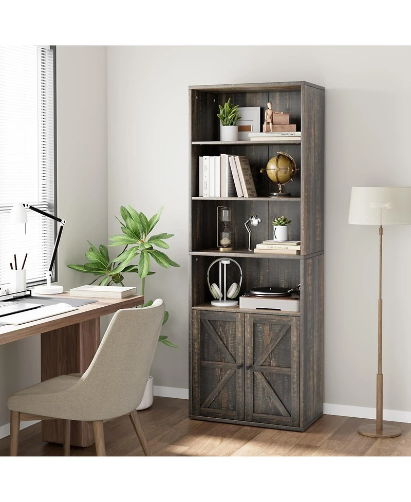 homfan 71.4" Tall Industrial Large Bookcase with Doors Floorstanding Shelving Unit with Storage Shelves for Living Room, Bedroom or Office