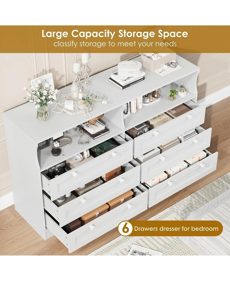 homfan Modern 6 Drawer Dresser with Led Lights and Power Outlet, Wooden Entryway Storage Cabinet and Tv Stand, Spacious Organizer for Bedroom