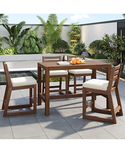 Asagikoiai 5-Piece Outdoor Bar Height Dining Set with Acacia Wood Table and 4 Cushioned Chairs