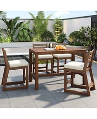 Asagikoiai 5-Piece Outdoor Bar Height Dining Set with Acacia Wood Table and 4 Cushioned Chairs