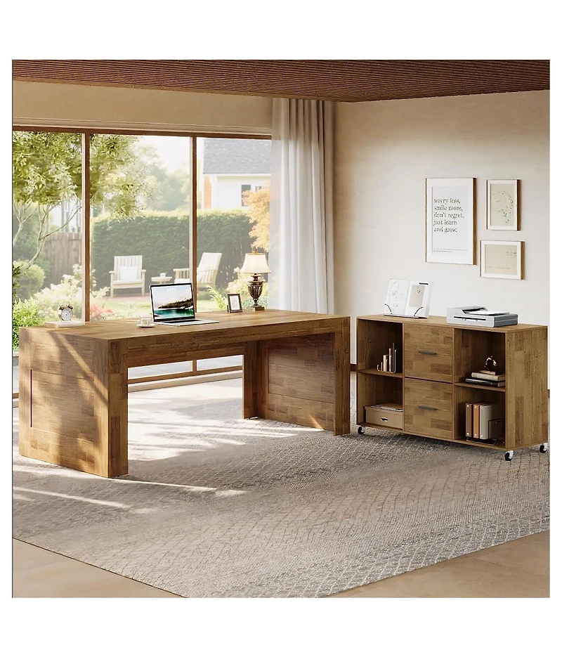 Tribesigns 63" Desk and 47" Rolling File Cabinet: L-shaped computer desk with drawers and shelves. Rustic home office furniture