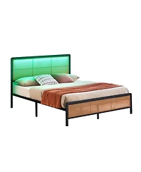 homfan Rattan Platform Bed Frame with Led Headboard, Modern Boho Cane Style, Heavy Duty Metal Frame, Steel Slats, No Box Spring Needed