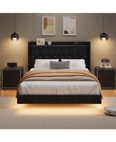 Homfan Bed Frame With Led Lights Upholstered Headboard Storage Shelves Heavy Duty Metal Slats No Box Spring Needed Noise Free Easy Assembly