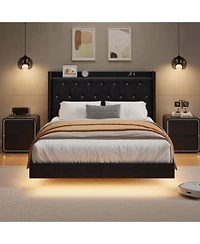 Homfan Bed Frame With Led Lights Upholstered Headboard Storage Shelves Heavy Duty Metal Slats No Box Spring Needed Noise Free Easy Assembly