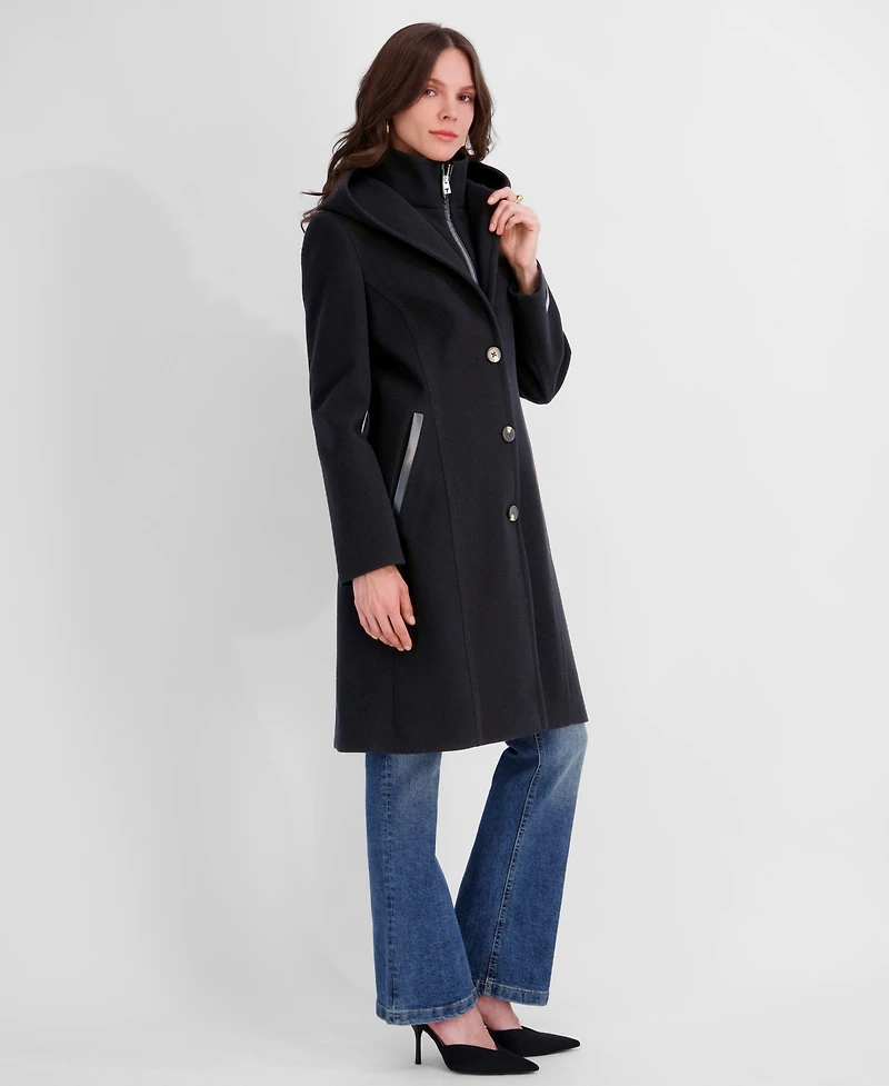 Tahari Women's Bibbed Faux-Leather Trimmed Hooded Coat