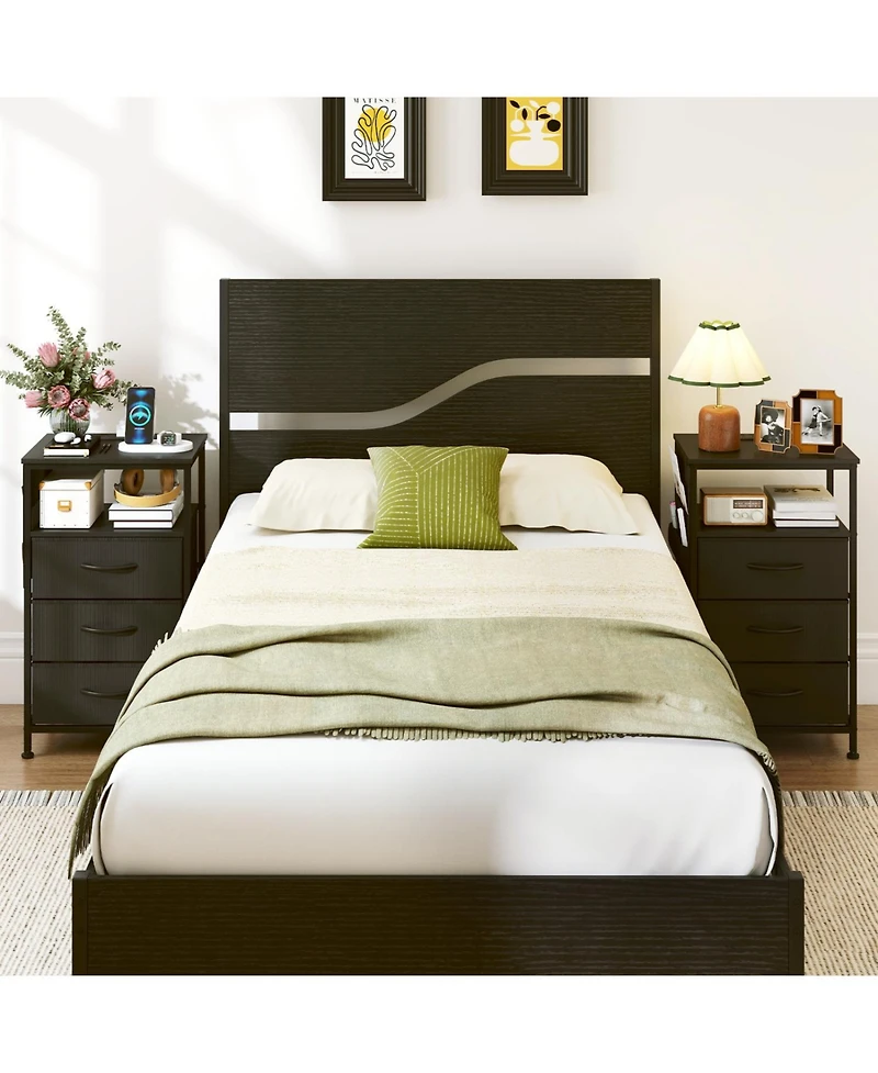 Slickblue Modern Nightstand with 3 Fabric Drawers and Charging Ports