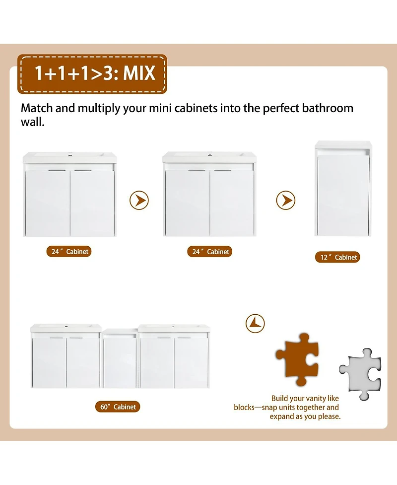 Sillysis 59 Inch Wall Mounted Double Bathroom Vanity with Resin Sinks, Soft Close Doors, Water-Resistant Cabinet, Side Storage