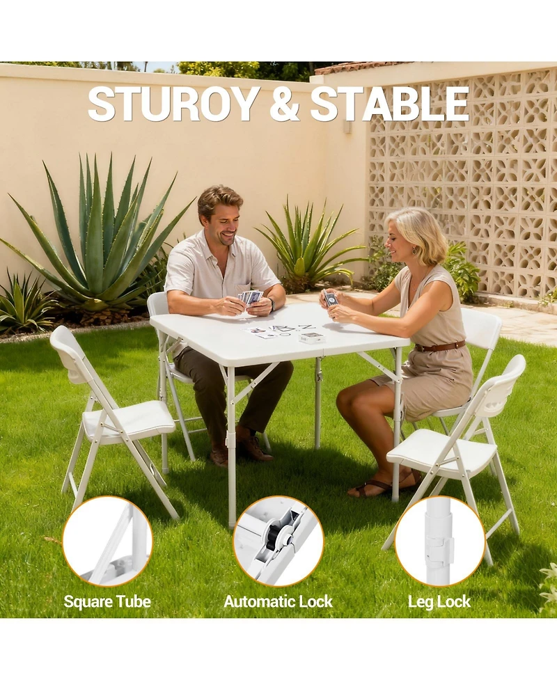 homfan Folding Computer Desk, 34 Inch White Portable Card Table with Adjustable Height and Handle for Home or Office
