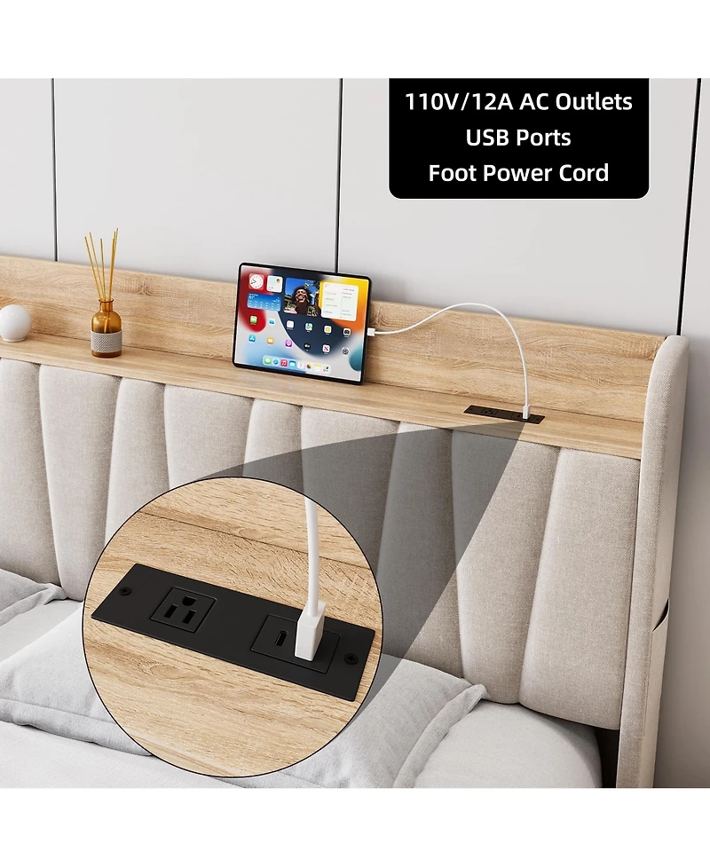 homfan Queen Upholstered Bed Frame with Storage Headboard, Charging Station and Drawer, Platform Bed with Wood Slats