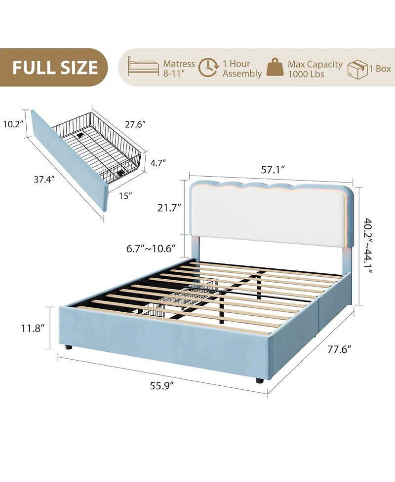 homfan Full Upholstered Led Bed Frame with 2 Storage Drawers, Velvet Platform Bed with Wavy Headboard, Wood Slat Support