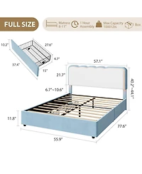 homfan Full Upholstered Led Bed Frame with 2 Storage Drawers, Velvet Platform Bed with Wavy Headboard, Wood Slat Support