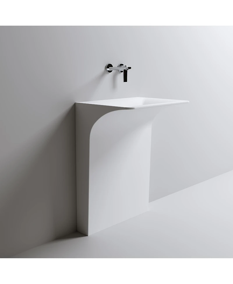 Midola Modern Wall-Mounted Solid Surface Pedestal Sink Bathroom Vanity, One-Piece Floating Bathroom Vessel Sink with Hidden Linear Drain