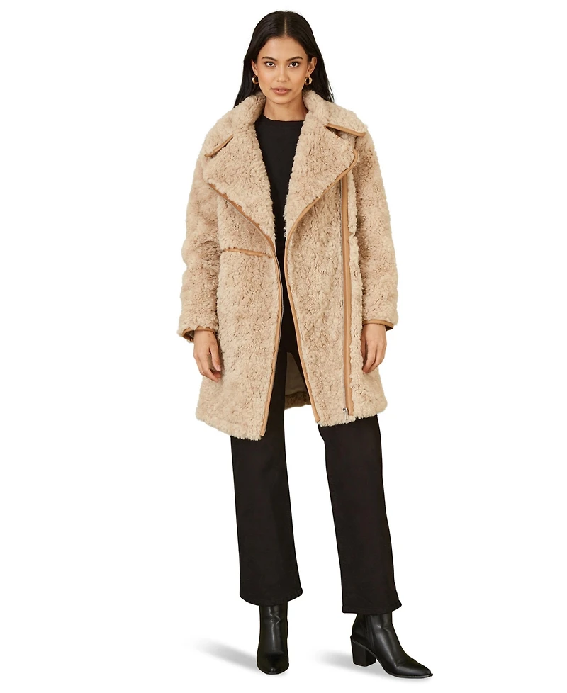 Yumi Women's Textured Borg Long Line Biker Coat