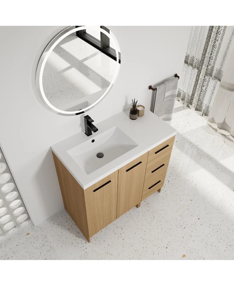 Sillysis 36 Inch Freestanding Bathroom Vanity with 3 Drawer Cabinet, Integrated Resin Sink