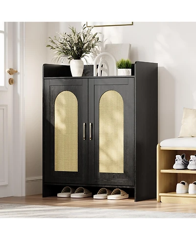 homfan Boho Rattan Shoe Cabinet for Entryway, Wooden Storage with 2 Doors, Farmhouse Rack Organizer