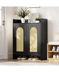 homfan Boho Rattan Shoe Cabinet for Entryway, Wooden Storage with 2 Doors, Farmhouse Rack Organizer