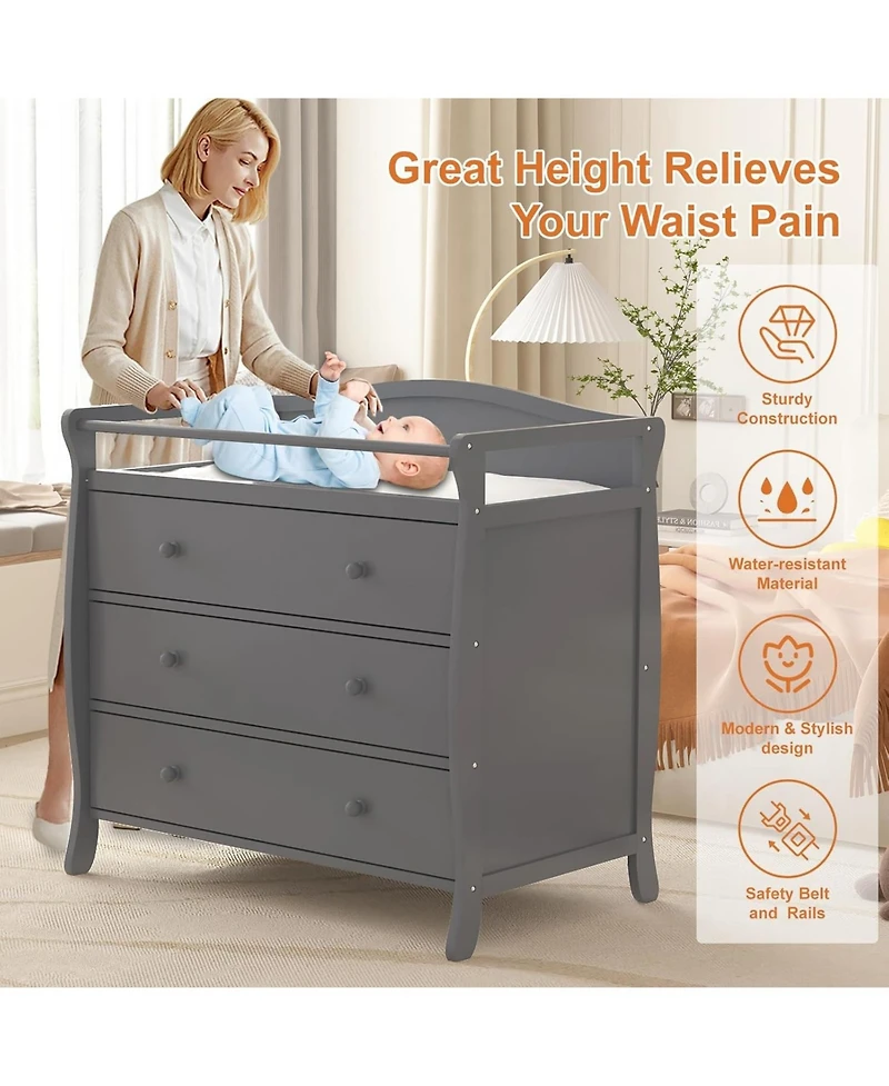 gaomon Wooden Diaper Changing Table, Baby Diaper Changing Station Infant Nursing Table with 3 Drawers, Safety Rail and Strap