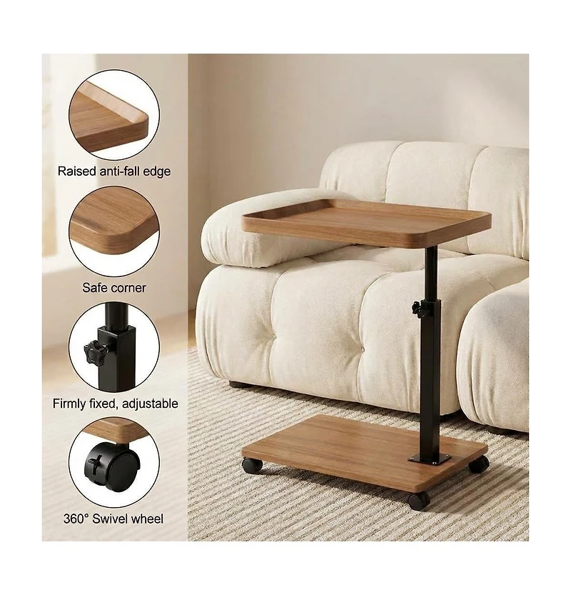 gaomon C Shaped End Table with Wheels, 360degree(s)Swivel Sofa Side Table, Wooden Accent Tv Tray for Living Room and Bedroom, Small Places