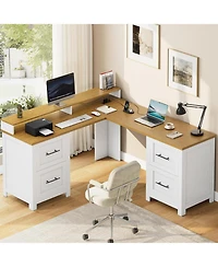gaomon 63" L-Shaped Executive Desk with 4 File Drawers and Power Outlet – Corner Computer Desk with Monitor Stand, Home Office Desk