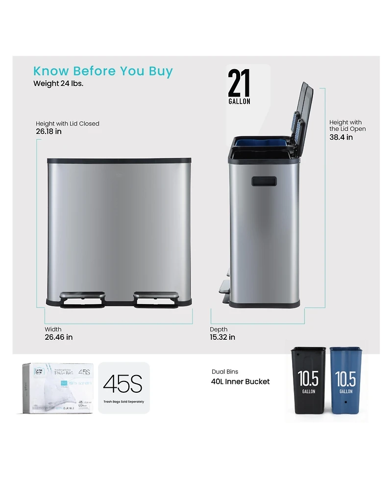 Home Zone Living 21 Gallon Dual Compartment Kitchen Trash Can with Dual Step Pedals, Soft-Close Lids and Odor Control, Stainless Steel.