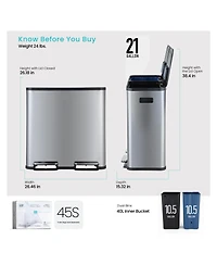 Home Zone Living 21 Gallon Dual Compartment Kitchen Trash Can with Dual Step Pedals, Soft-Close Lids and Odor Control, Stainless Steel.