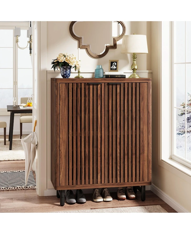 Slickblue Wooden Shoe Organizer with Adjustable Shelves and Louvered Doors