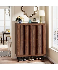Slickblue Wooden Shoe Organizer with Adjustable Shelves and Louvered Doors