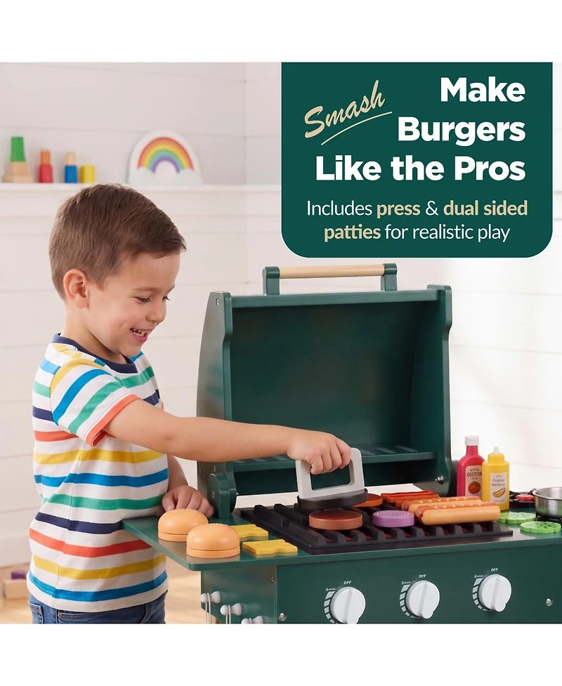Best Choice Products Kids Wooden Bbq Grill Playset with 28 Accessories, Pretend Outdoor Kitchen Toy with Storage
