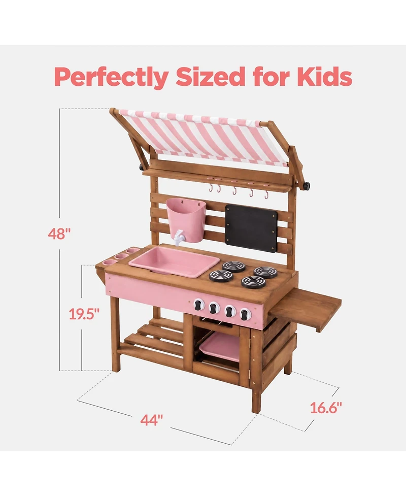 Best Choice Products Deluxe Wooden Outdoor Mud Kitchen for Kids with Canopy, Water Tank, Faucet and 11pc Accessories