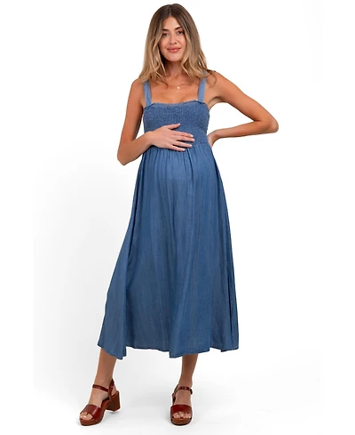 Pinkblush Maternity Blue Smocked Chambray Tie Back Cutout Midi Dress