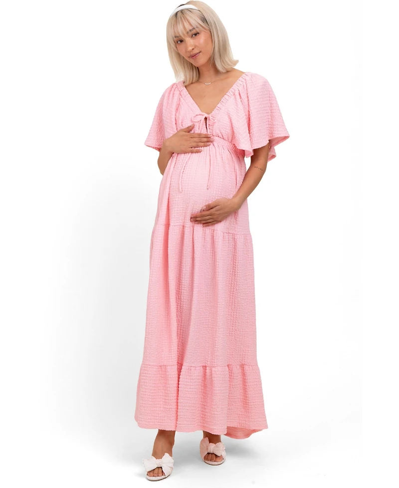 Pinkblush Light Blue Woven Textured Flutter Sleeve V-Neck Tiered Maternity Maxi Dress