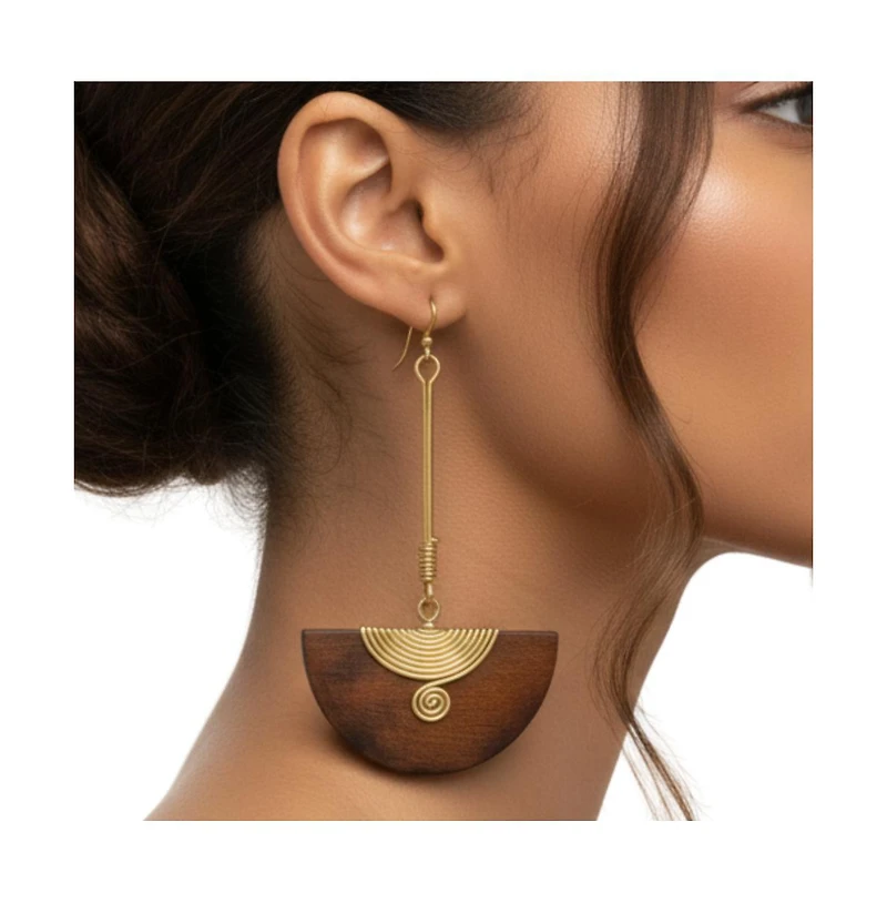Pinduli Handmade Brass & Wood Drop Earrings – Elegant Statement Design