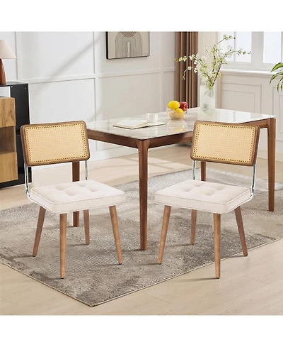 gaomon Rattan Dining Chairs Set of 2, - Linen Upholstered with Woven Cane Back and Wooden Legs, Farmhouse Armless Seat for Kitchen and Restaurant