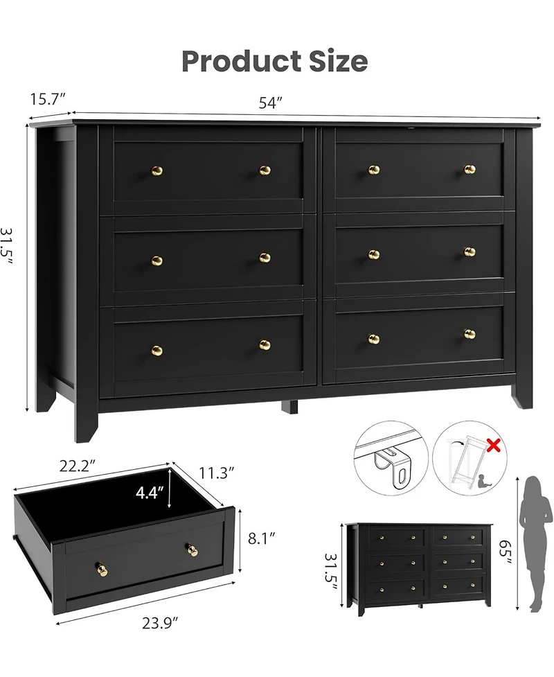 gaomon 6 Drawer Dresser for Bedroom, 54" Wide Large Dresser with Deep Drawers and Metal Knobs, Modern Wooden Chests of Drawers for Entryway