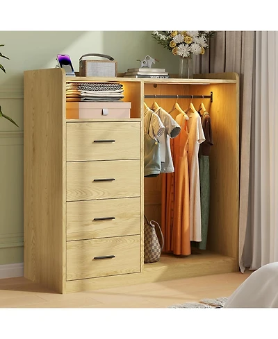 gaomon Dresser with Hanging Rack for Bedroom, 4 Drawer Dresser with Led Lights and Charging Station, Large Dressers and Chest of Drawers