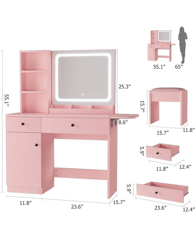 gaomon Vanity Desk with Mirror and Light, Makeup Vanity Table with Charging Station, Large Storage Cabinet and 2 Drawers and 3 Open Shelves