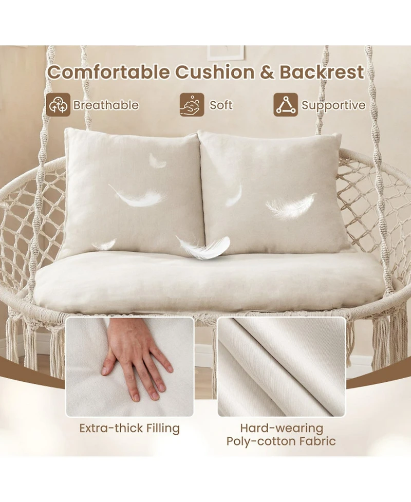 Sugift Double Swing Chair With Cushions Macrame Hanging Hammock Chair for Indoor and Outdoor Use