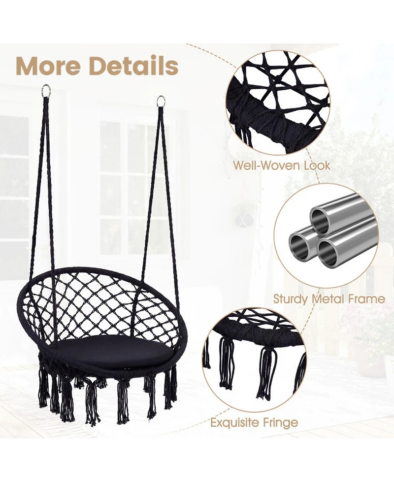 Gouun Macrame Swing Chair Hammock with Round Seat Cushion for Indoor Patio