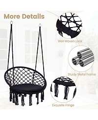 Gouun Macrame Swing Chair Hammock with Round Seat Cushion for Indoor Patio