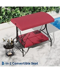 homfan 3-Seater Outdoor Porch Swing with Stand, 2-in-1 Convertible Swing Bed, Thick Cushion, Adjustable Canopy and 800-Lb. Capacity