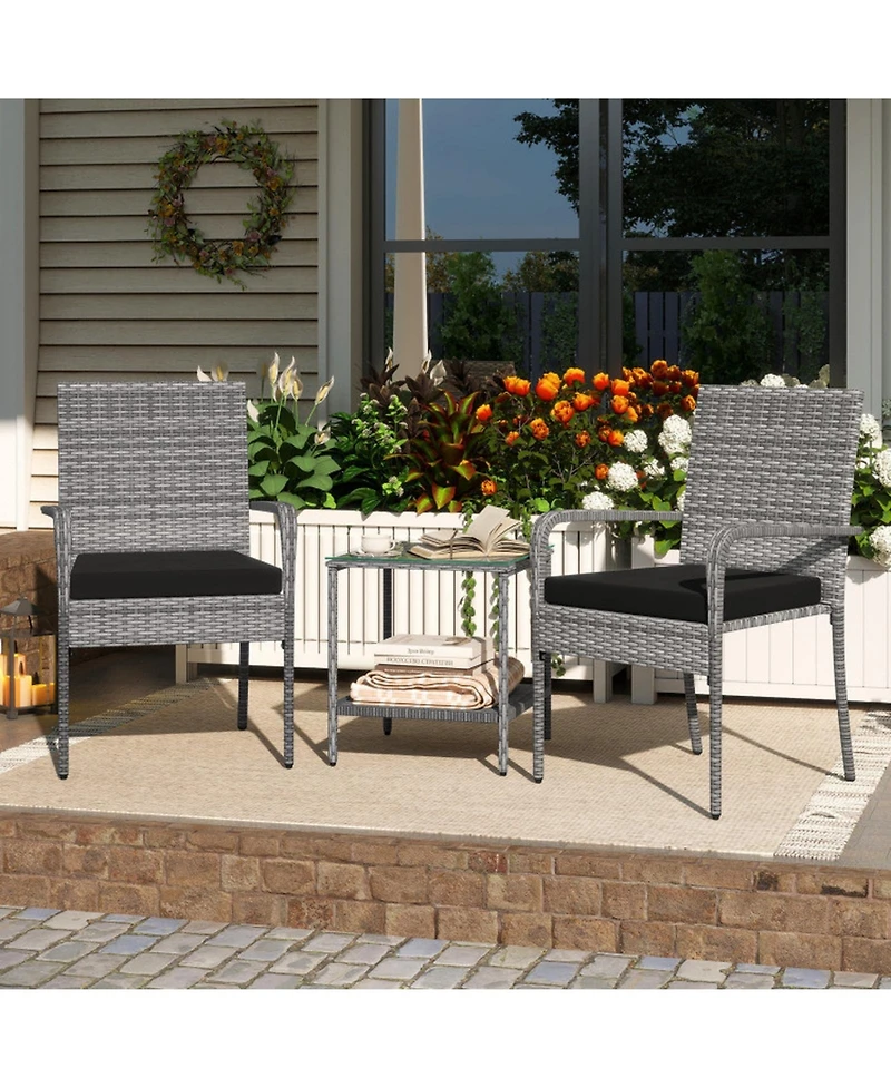 Gouun 3-Piece Rattan Patio Set with Cushioned Chairs and 2-Tier Glass Side Table